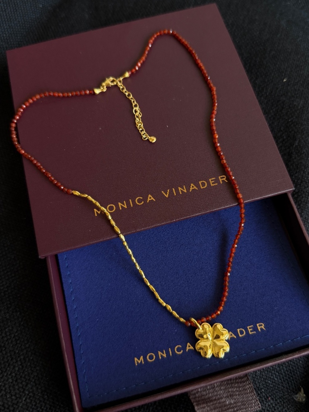 Monica Vinader Red Gemstone Fine Necklace with clover pendant